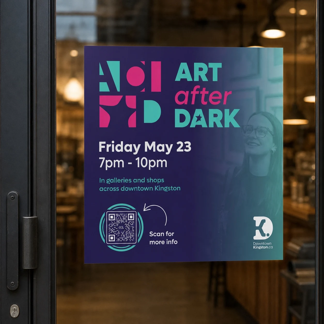 Art After Dark poster displayed in a downtown cafe window