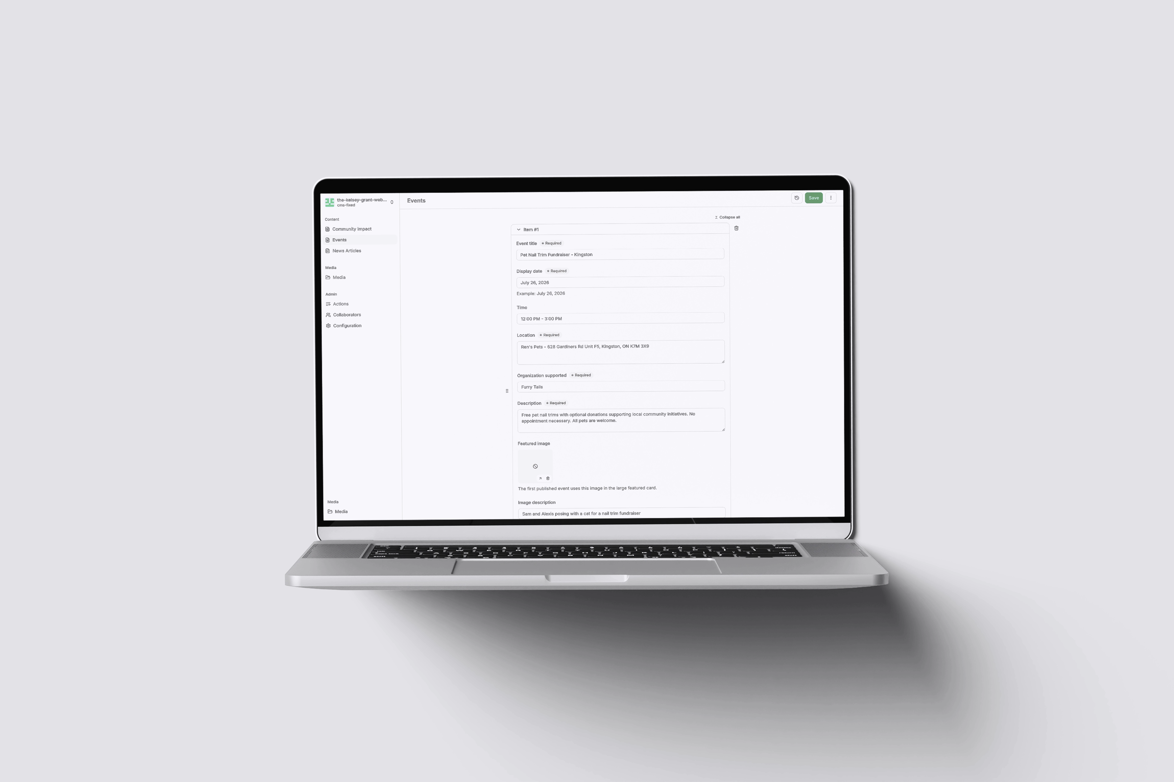 Client content editor for The Kelsey Grant website