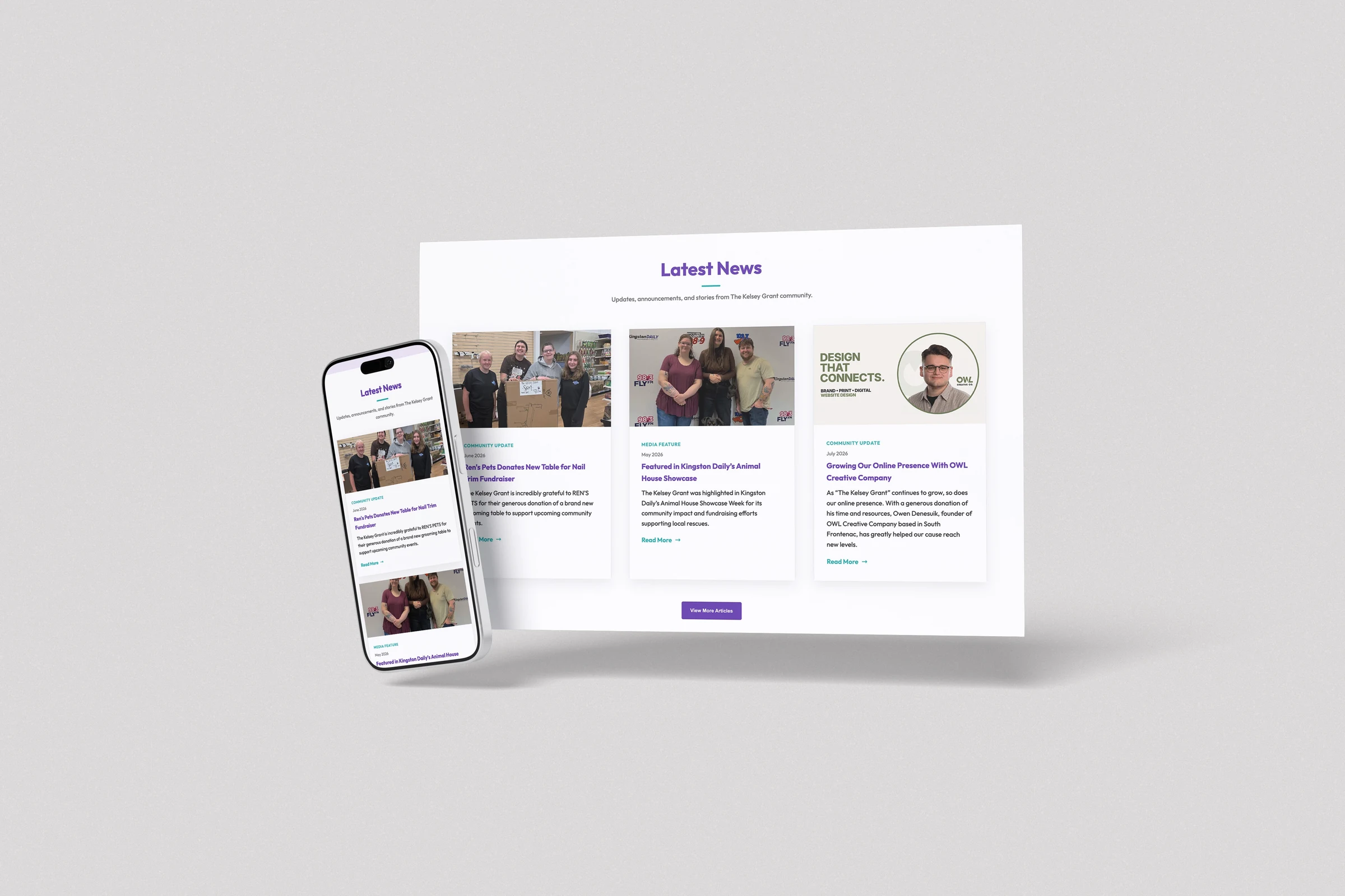 News page from The Kelsey Grant website displayed on a desktop screen