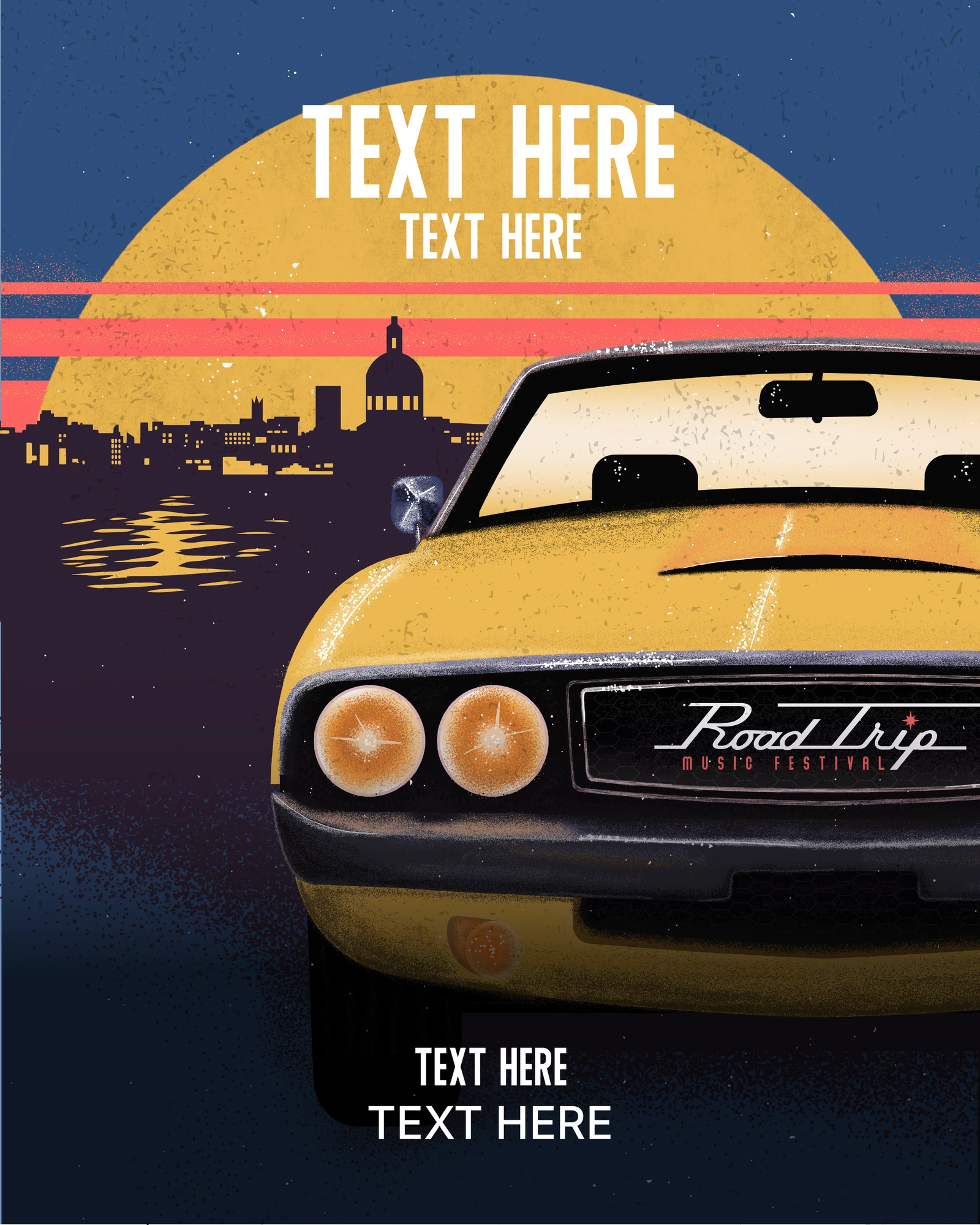 RoadTrip Instagram template with a yellow car and Kingston skyline