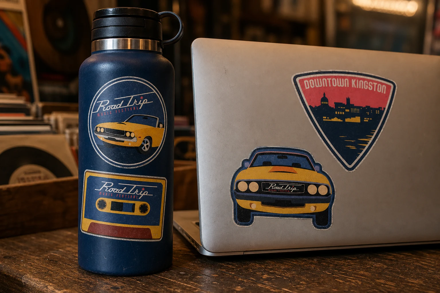 RoadTrip stickers applied to a bottle and laptop