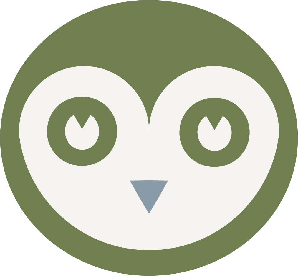 Green and white owl with blue beak. OWL Creative Company.
