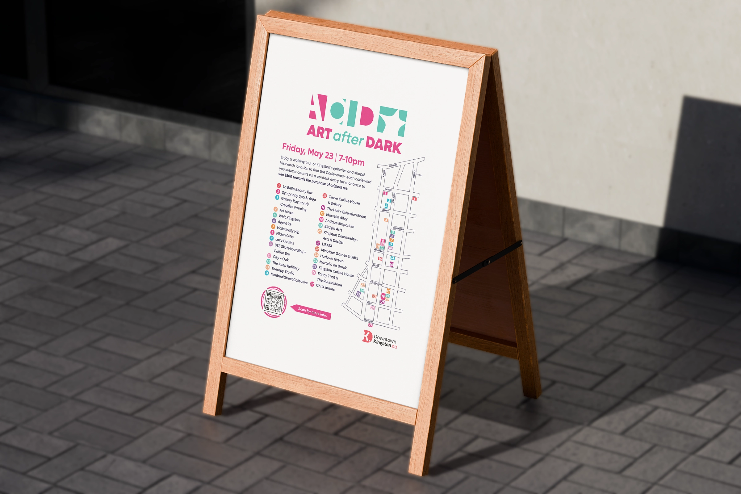 Art After Dark Downtown Kingston A-Frame Poster. Includes map and list of participating local businesses. Designed by Owen Denesuik.