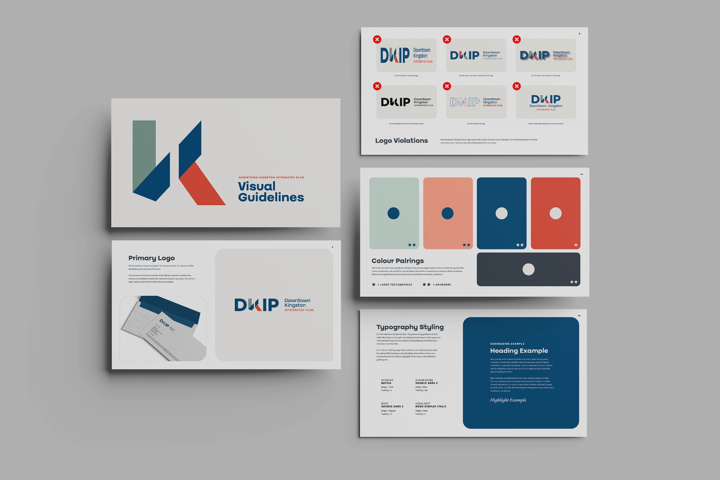 Downtown Kingston Integrated Plan brand guideline pages. Cover, Primary logo, violations, colour pairing, and typography. Designed by Owen Denesuik.