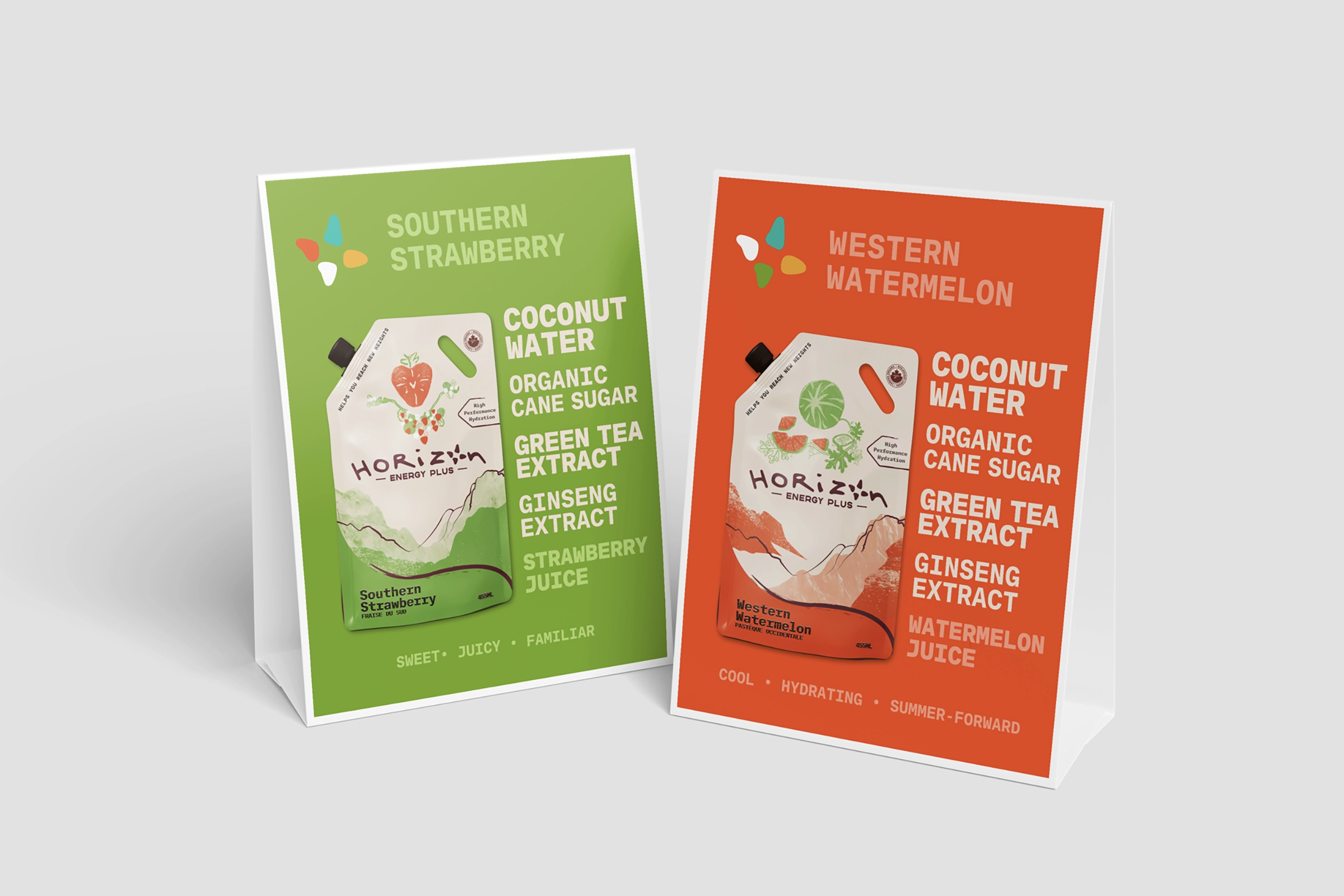 Horizon Energy Plus table tents for flavours southern strawberry and western watermelon, describing the ingredients in a bright red and vibrant green. Designed by Owen Denesuik.