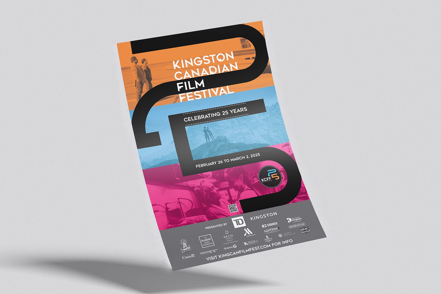 Kingston Canadian Film Festival poster design with three jewel colours of orange, blue, and pink. Designed by Owen Denesuik.