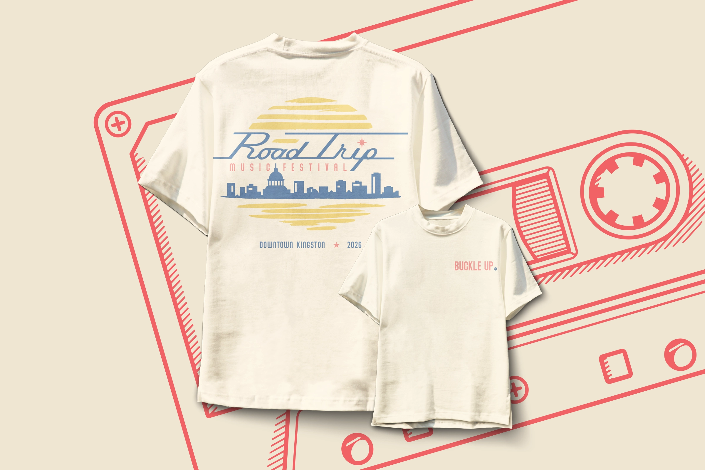 Road Trip Music Festival 2026 Merch design. Sunset Skyline t-shirt. Designed by Owen Denesuik.